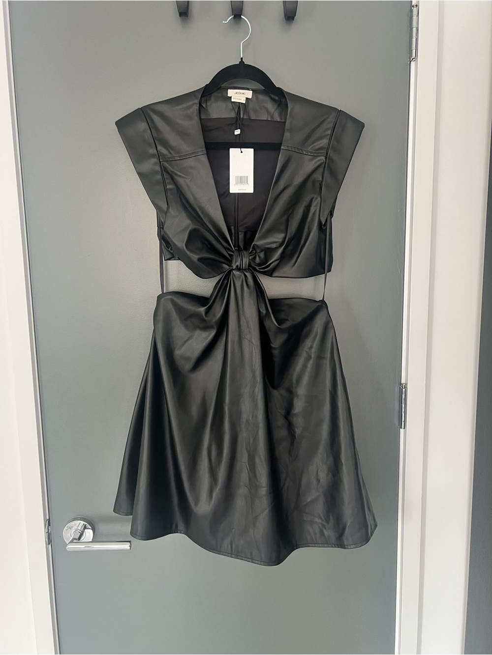 Jason Wu Black Faux Leather Mini Dress with Front Knot and mid- cut out